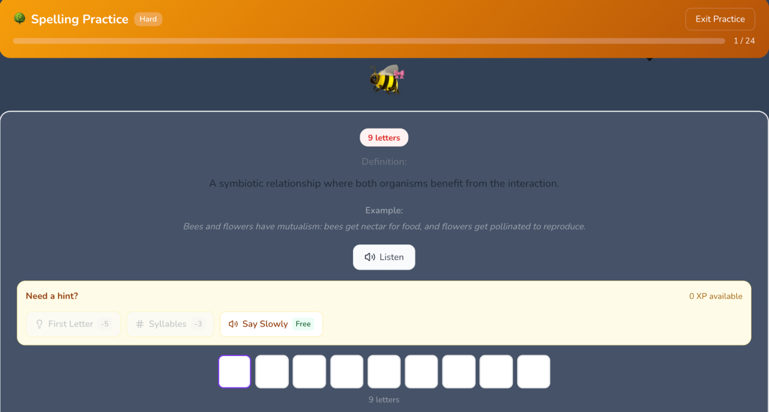 Spelling Bee practice in Eduverse: a card headed "9 letters" showing the definition "A symbiotic relationship where both organisms benefit from the interaction", the example sentence beneath it, a Listen button, optional hints, and nine empty letter boxes to type into