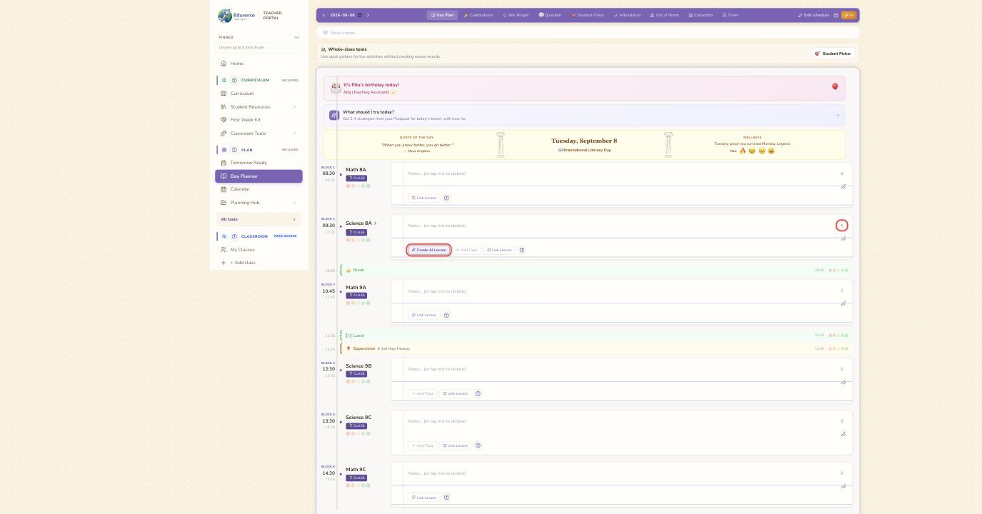 A full six-block teaching day in the Eduverse Day Planner, with the notes dictation microphone and the Create AI Lesson button highlighted
