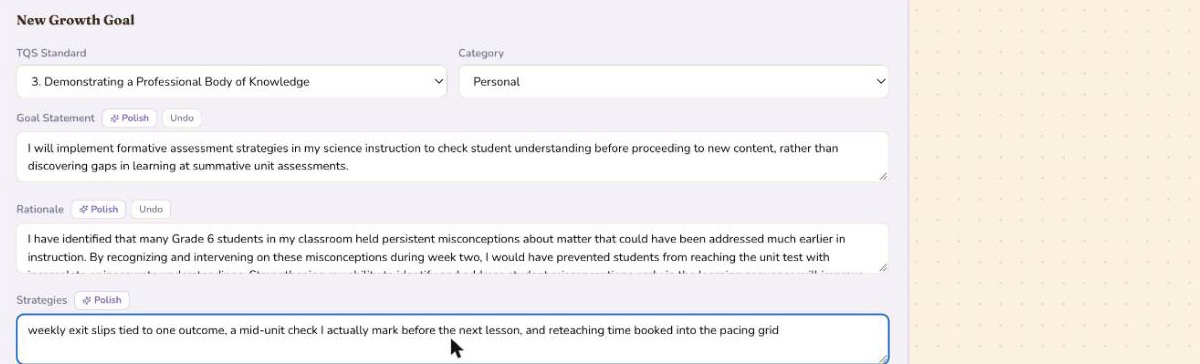 A growth goal form with the AI-polished goal statement and rationale, each showing a Polish button and an Undo button