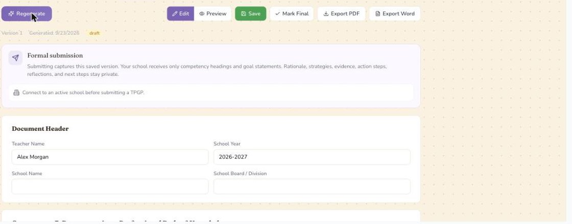 A generated Teacher Professional Growth Plan document with its version history and the formal submission panel