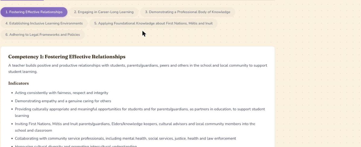 The Teaching Quality Standard browser showing all six Alberta competencies, with Competency 1 open and its indicators listed