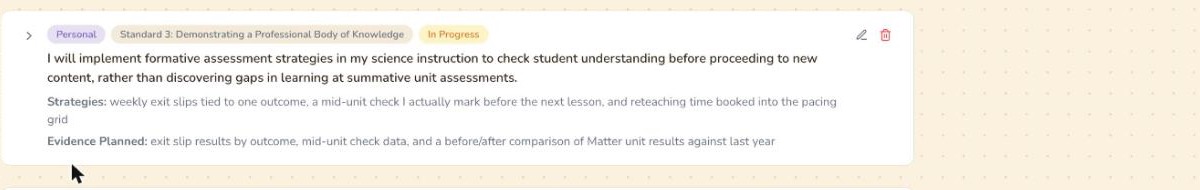 A saved growth goal tied to the third Teaching Quality Standard competency, Demonstrating a Professional Body of Knowledge, showing its goal statement, strategies and planned evidence