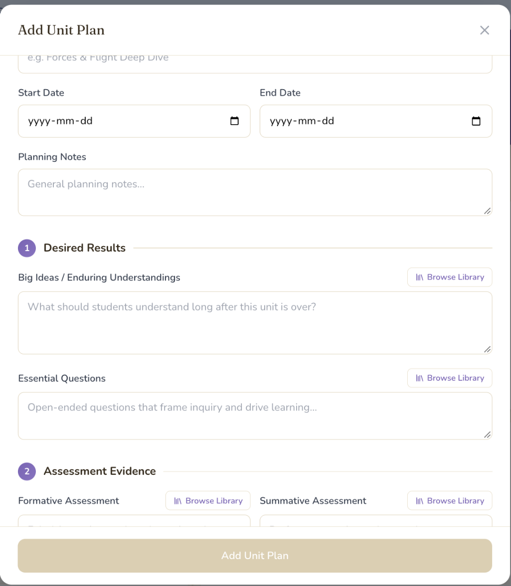 The Eduverse unit plan form open on its three Understanding by Design stages: Desired Results with big ideas and essential questions, Assessment Evidence, and Learning Plan
