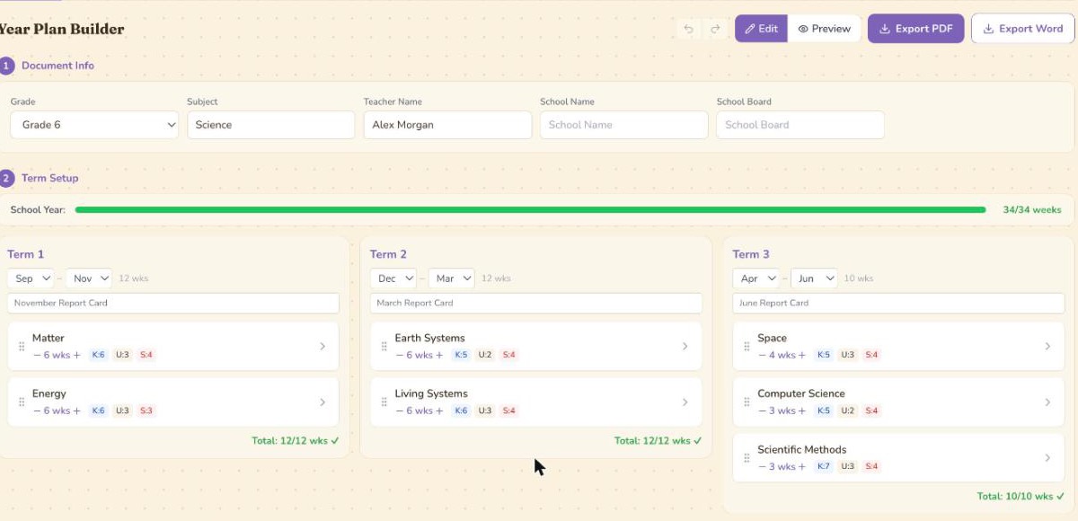 The Eduverse Year Plan Builder after a build, showing Document Info and Term Setup with three term columns of units and a full week-allocation bar reading 34 of 34 weeks