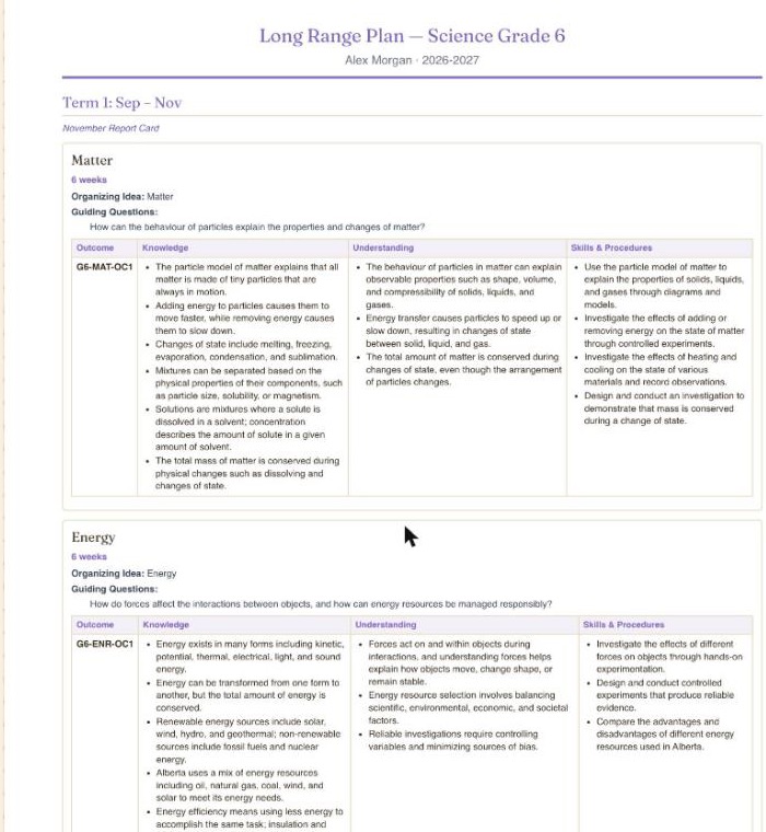 A generated long-range plan preview showing one term, with each unit's Organizing Idea, Guiding Questions, and a Knowledge / Understanding / Skills and Procedures table