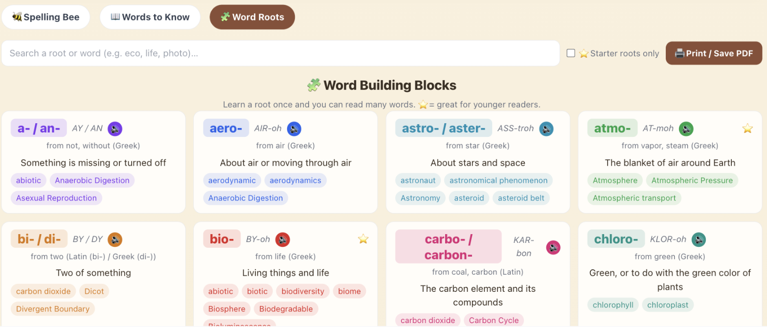 The Word Roots dictionary in Eduverse, showing root cards for a- / an-, aero-, astro- / aster-, atmo-, bi- / di-, bio-, carbo- / carbon- and chloro-. Each card gives the root, how to say it, the language it comes from, what it means in science, and example words from the glossary
