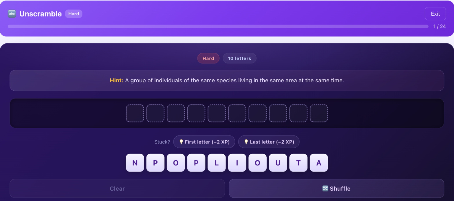 Word Unscramble in Eduverse: a ten-letter puzzle with the hint "A group of individuals of the same species living in the same area at the same time", ten empty slots, and the scrambled letter tiles N P O P L I O U T A below them